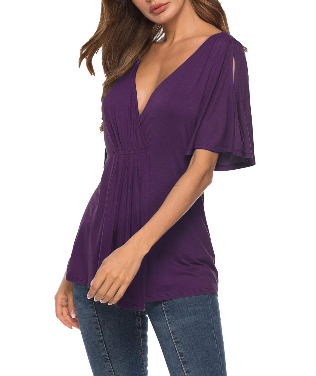 Eanklosco V Neck Shirts Womens Sexy Short Sleeve Cold Shoulder Tops Unique Ruffle Front Side Slit T Shirts (M, Purple)