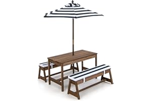 KOTEK Kids Picnic Table with Umbrella Foldable, Backyard Wooden Table & Bench Set with Removable Cushions, Activity Art Play 