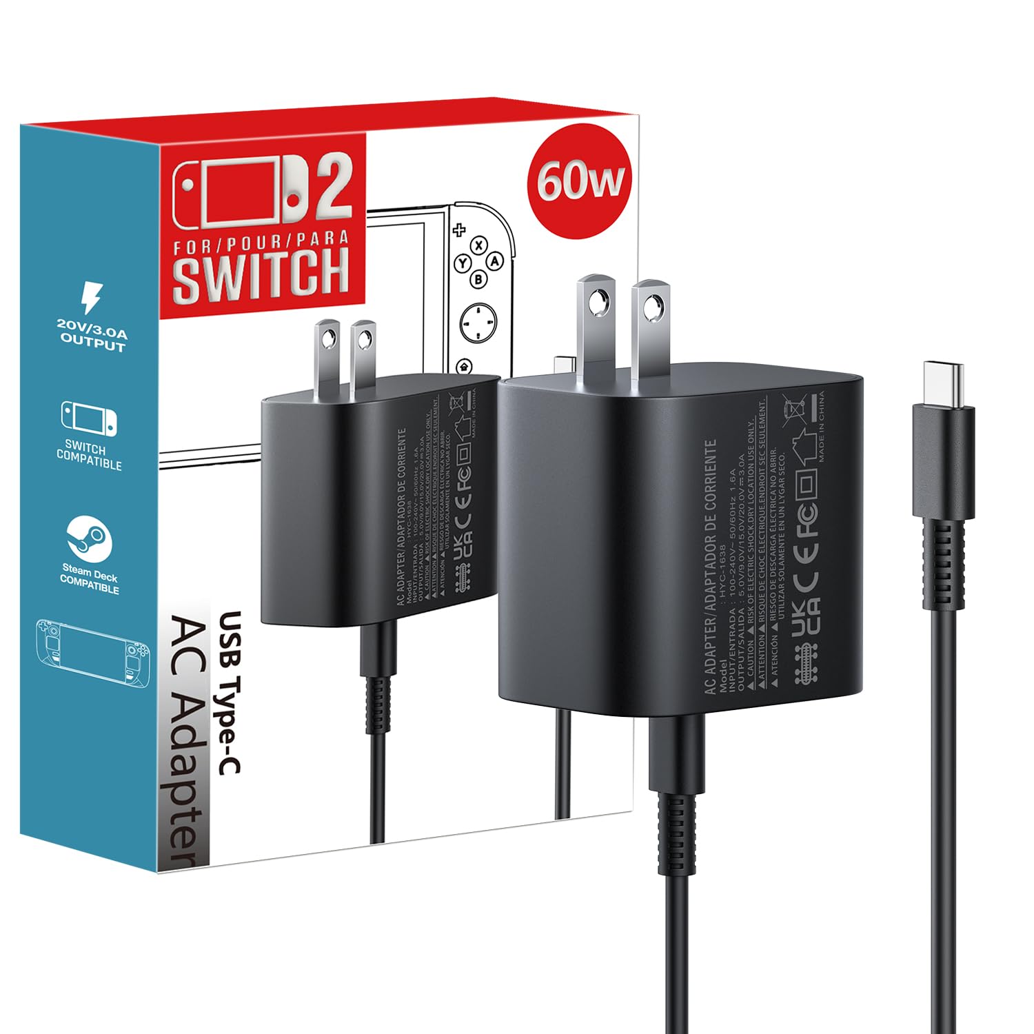 Mosyee 60w Charger for Nintendo Switch 2, Power AC Adapter Fast Charging with 10FT USB C Cord Cable for Switch, Lite, OLED, Steam Deck - Support TV 4K Mode (10FT)