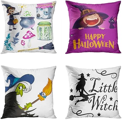 Amazon 4スロー枕カバーのセット16 X 16インチリトルウィッチハロウィーンクリップアート水彩イラスト大釜ポーション幸せな大きな看板漫画怖い ポーションスクエアホームソファリビング 45x45cm 枕カバー ピローケース オンライン通販