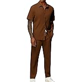 LecGee Men's 2 Piece Vertical Striped Textured Outfits Summer Casual Button Down Shirts And Pants Matching Sets