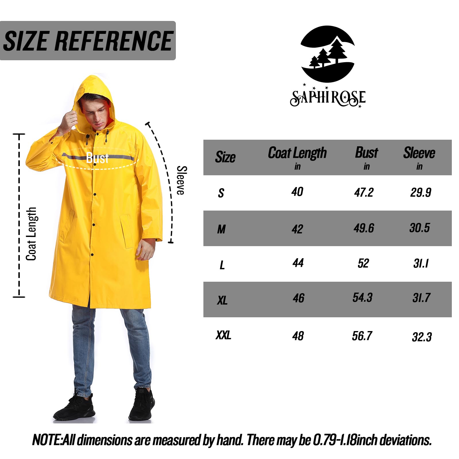 SaphiRose Mens Long Hooded Safety Rain Jacket Waterproof Emergency Raincoat Poncho