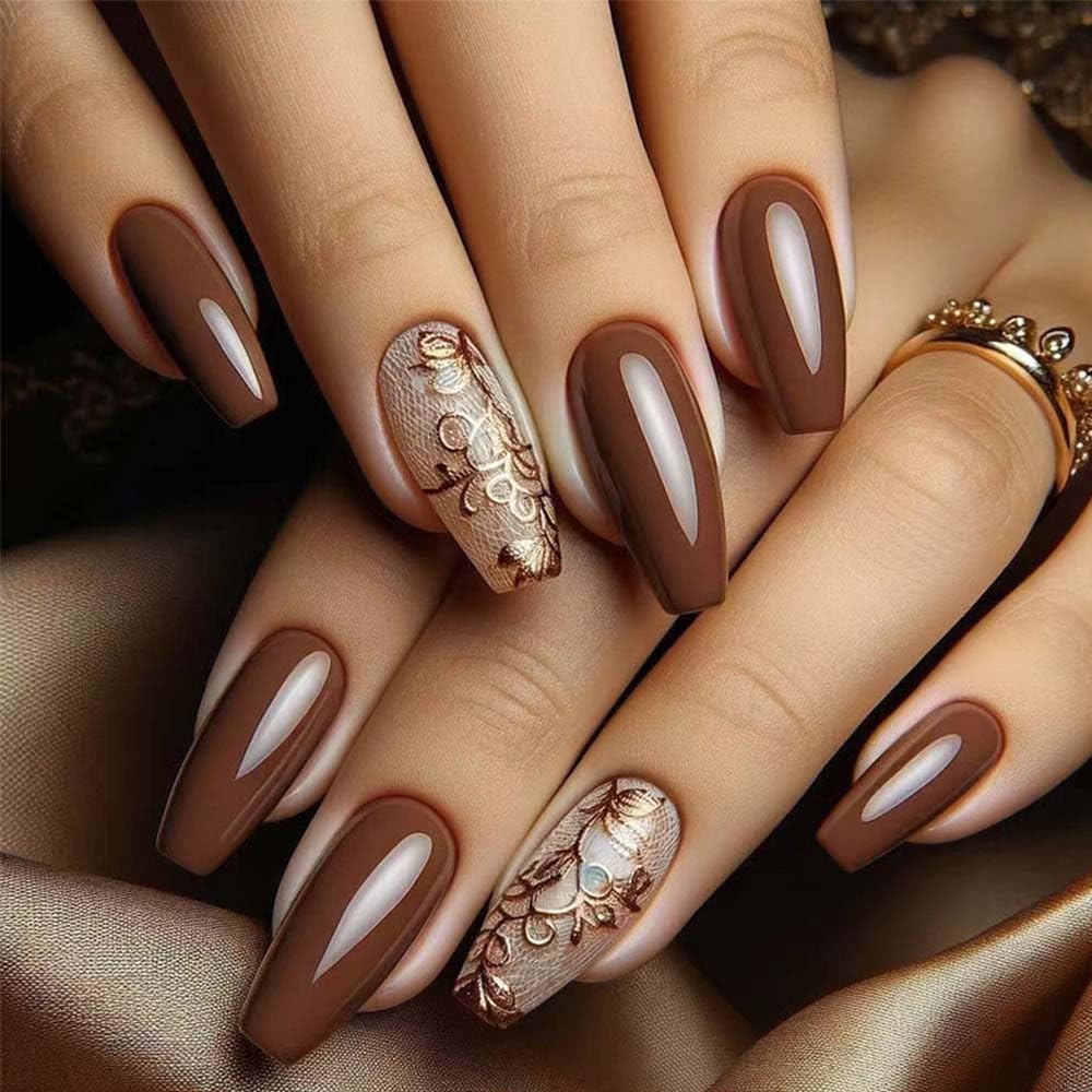 Photo 1 of 24pcs Brown Press On Nails Medium Coffin Fake Nails With Relief Lace Design Spring Press Ons Glossy False Nails Full Cover Acrylic Artificial Nails Reusable Glue On Nails Stick On Nails For Women