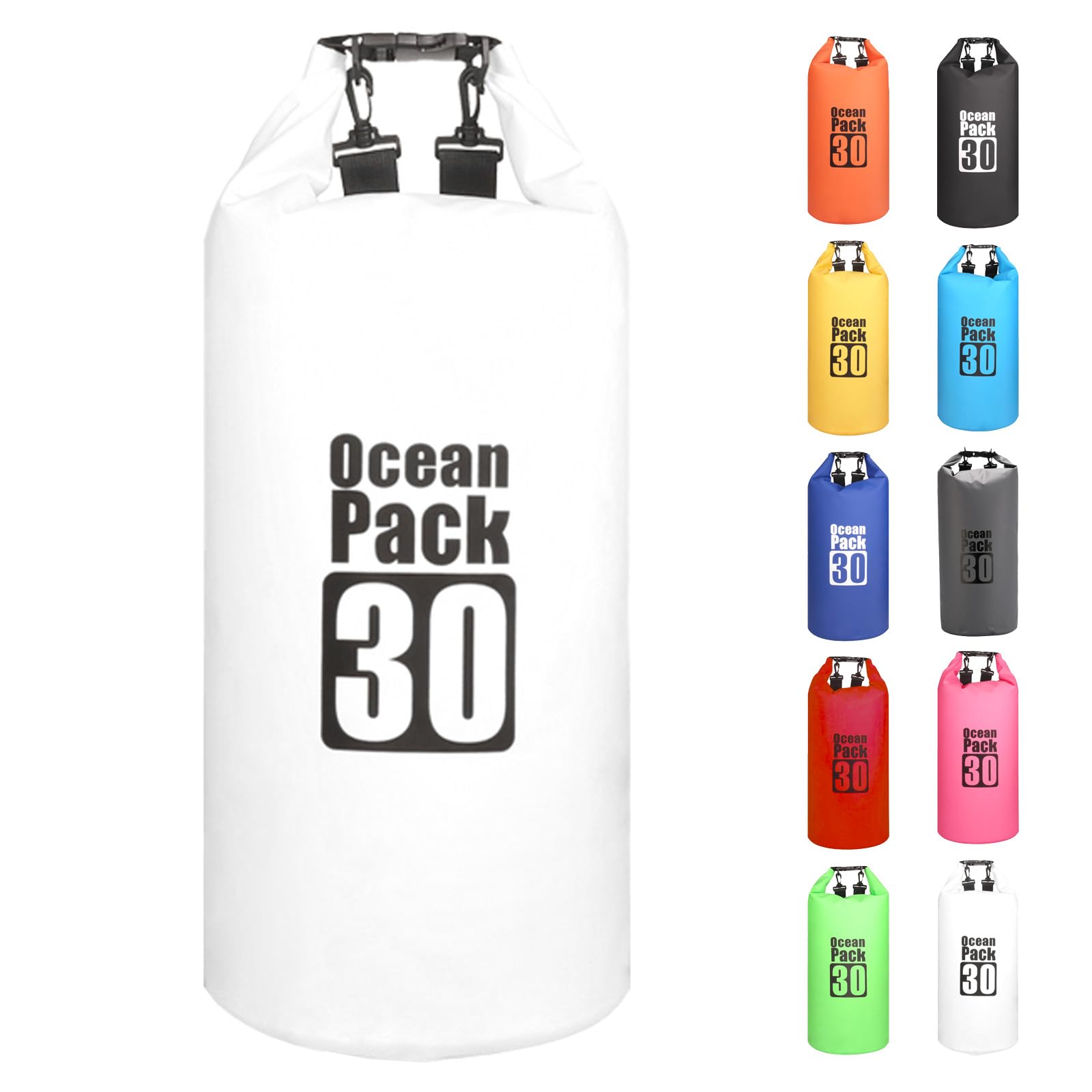 MORAINJAY 30L White Dry Bag,Waterproof Bag with Double Adjustable Shoulder Strap,Large Capacity Dry Sack 2L 5L 10L 15L 20L 30L for Outdoor Camping,Rafting,Swimming,Boating,Surfing