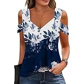 Soesdemo Womens Short Sleeve Tops Casual V Neck Cold Shoulder Comfy T Shirts Trendy Basic Tunics Tank Top