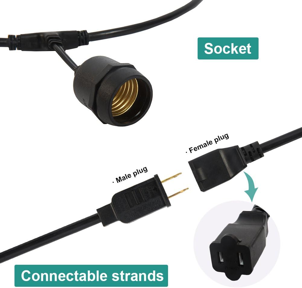 48 FT ADDLON Outdoor String Lights Commercial Grade Weatherproof Strand Edison Vintage Bulbs 15 Hanging Sockets, UL Listed Heavy-Duty Decorative Cafe Patio Lights for Bistro Garden - - 