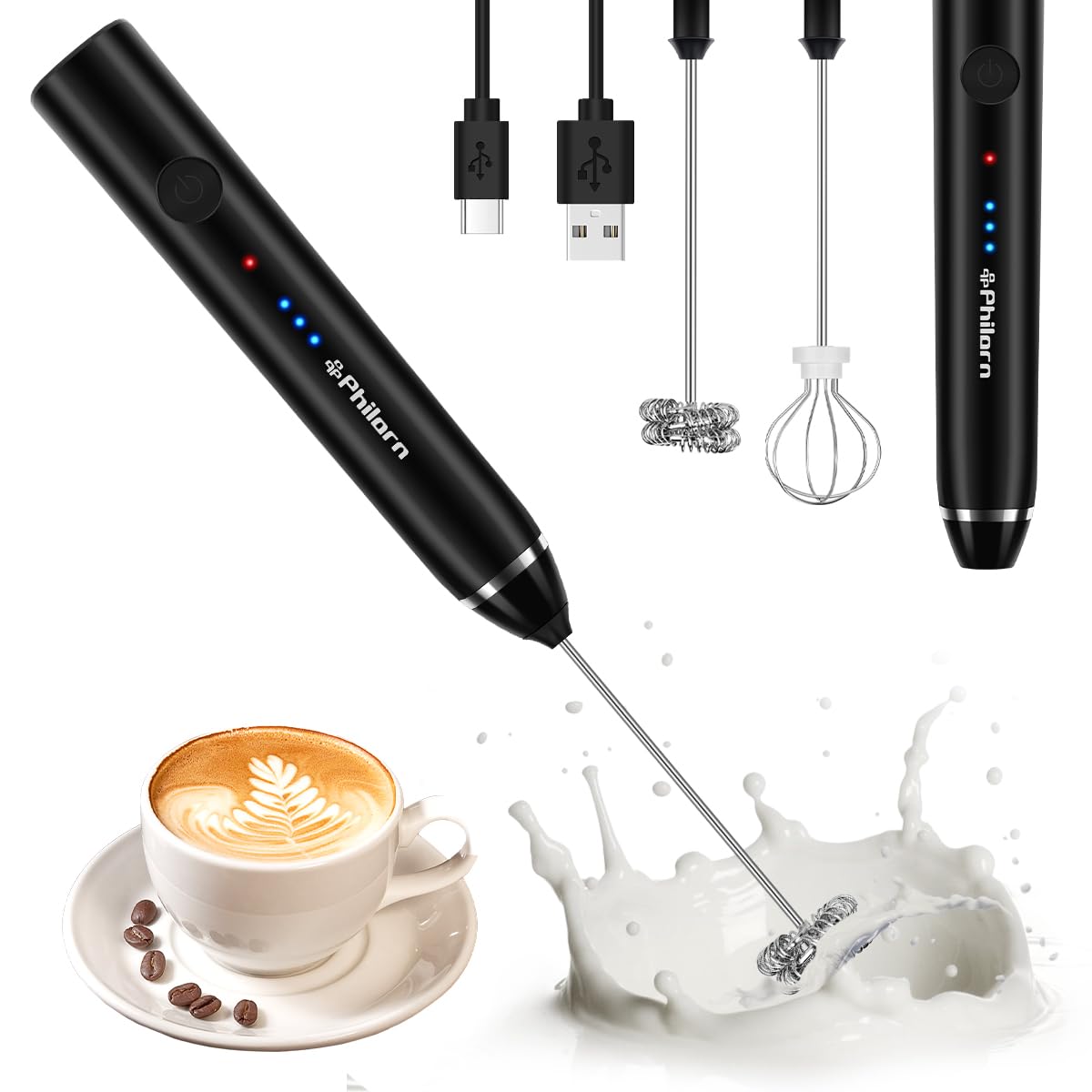 Philorn Milk Frother Electric, Double Whisk Handheld Milk Frother, 3 Speed USB Rechargeable Milk Frother Stick, Manual Milk Frother for Coffee/Latte/Cappuccino/Egg Whipping (Upgrate), Black, P165
