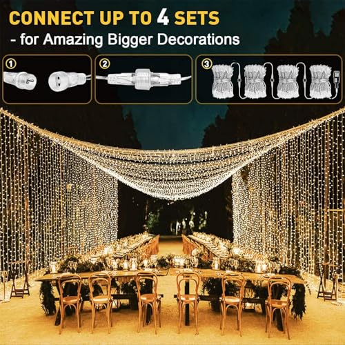 Joycome 2 x 6 x 3 m 600 LED String Light Curtain, Mains Powered, 8 Modes String Lights for Interior, Outdoor, Wall, Bedroom, Balcony, Wedding Decoration – Warm White