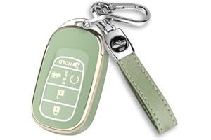 QBUC for Honda Key Fob Cover, Soft TPU Car Key Case Protector with Leather Keychain Compatible with Honda Accord Civic HRV CRV Pilot Smart Remote Key (Gold Trim,Green)