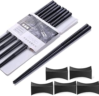 Haosell EssStäbchen 5 Paar + 5 pcs Essstäbchenbblagen Japanische Chopsticks Schwarz chinesische stäbchen Alloy Chopsticks Stäbchen für Asiatisches Geschirr Wiederverwendbare EssstäBchen Waschbar