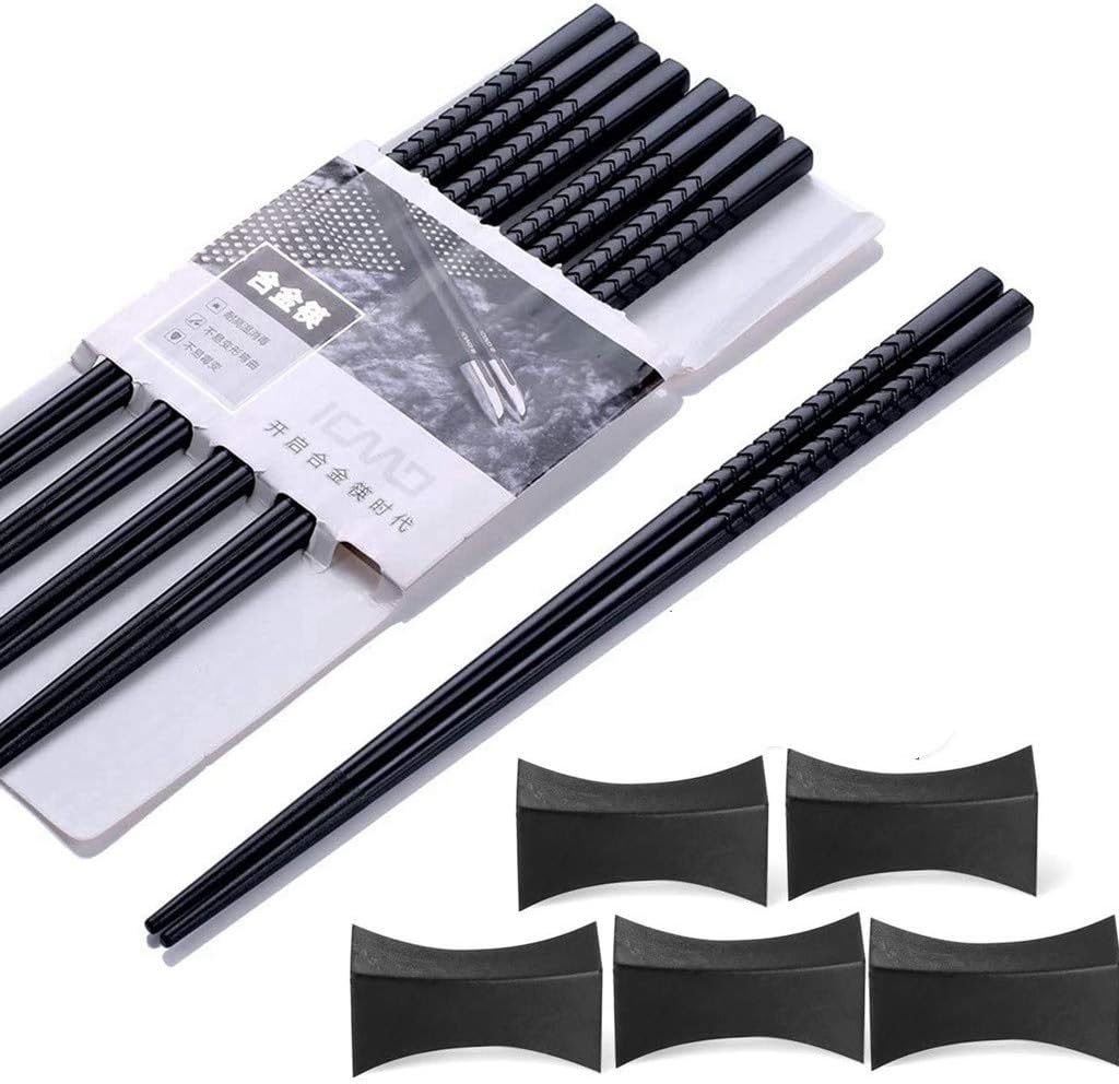 Haosell EssStäbchen 5 Paar + 5 pcs Essstäbchenbblagen Japanische Chopsticks Schwarz chinesische stäbchen Alloy Chopsticks Stäbchen für Asiatisches Geschirr Wiederverwendbare EssstäBchen Waschbar