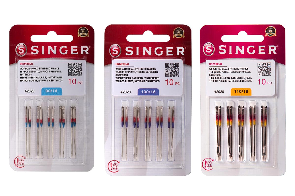 Singer 30 Counts Universal 2020 Sewing Machine Needles (3 Packs) Assorted Bundle Size 90/14, 100/16, 110/18