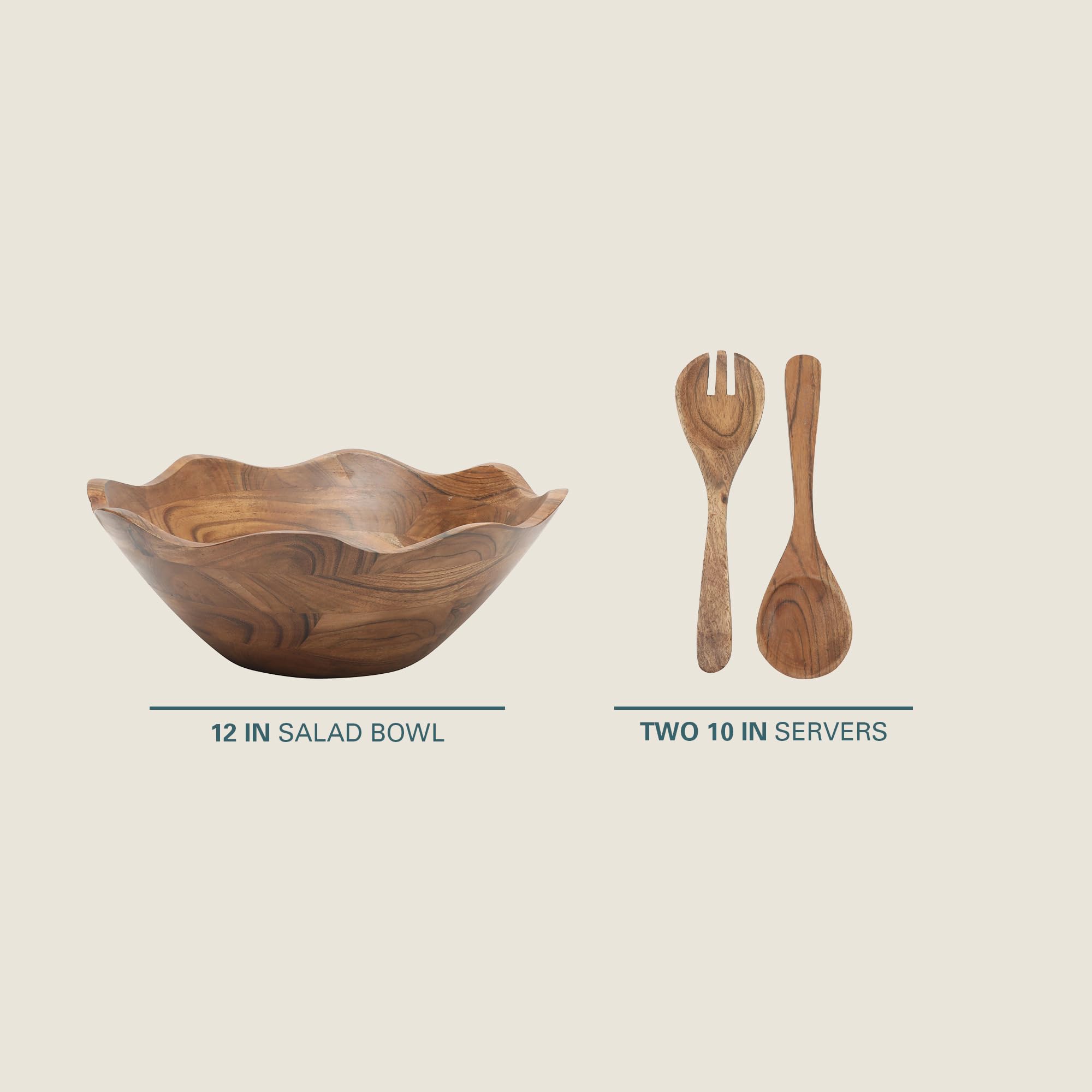 Condition photo showing New/Like New for gibson home sandhurst 3-piece acacia wood salad bowl set – 12-inch scalloped serving bowl with woode