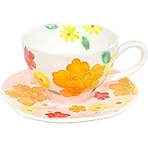 Noviko Flower Coffee Mug with Saucer Set Ceramic Tea Cup Flower Mugs for Women 8 oz