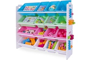 UNiPLAY Toy Organizer with 16 Removable Storage Bins, Multi-Bin Organizer for Books, Building Blocks, School Materials, Toys with Baseplate Board Frame (Pink)