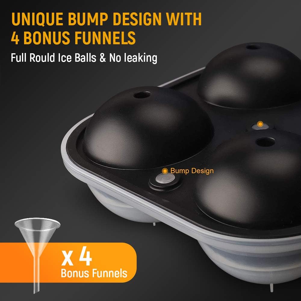 Cusbus Large Ice Cube Trays for Whiskey, 2.5" Flexible 4 Ice Balls Maker with Lids & 4 Bonus Funnels, BPA Free Round Silicone Ice Cube Molds, Reusable Sphere Ice Tray for Cocktail, Bourbon, Scotch: Kitchen & Dining