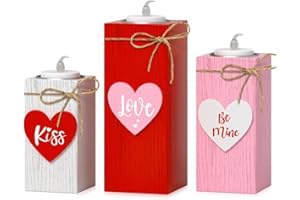 CRCZK Valentine's Day Votive Candle Holders Set of 3 Wooden Tea Light Holders with Battery Operated LED Ideal for Tabletop Decorations & Centerpieces Romantic Elegant Design for Festive Ambiance