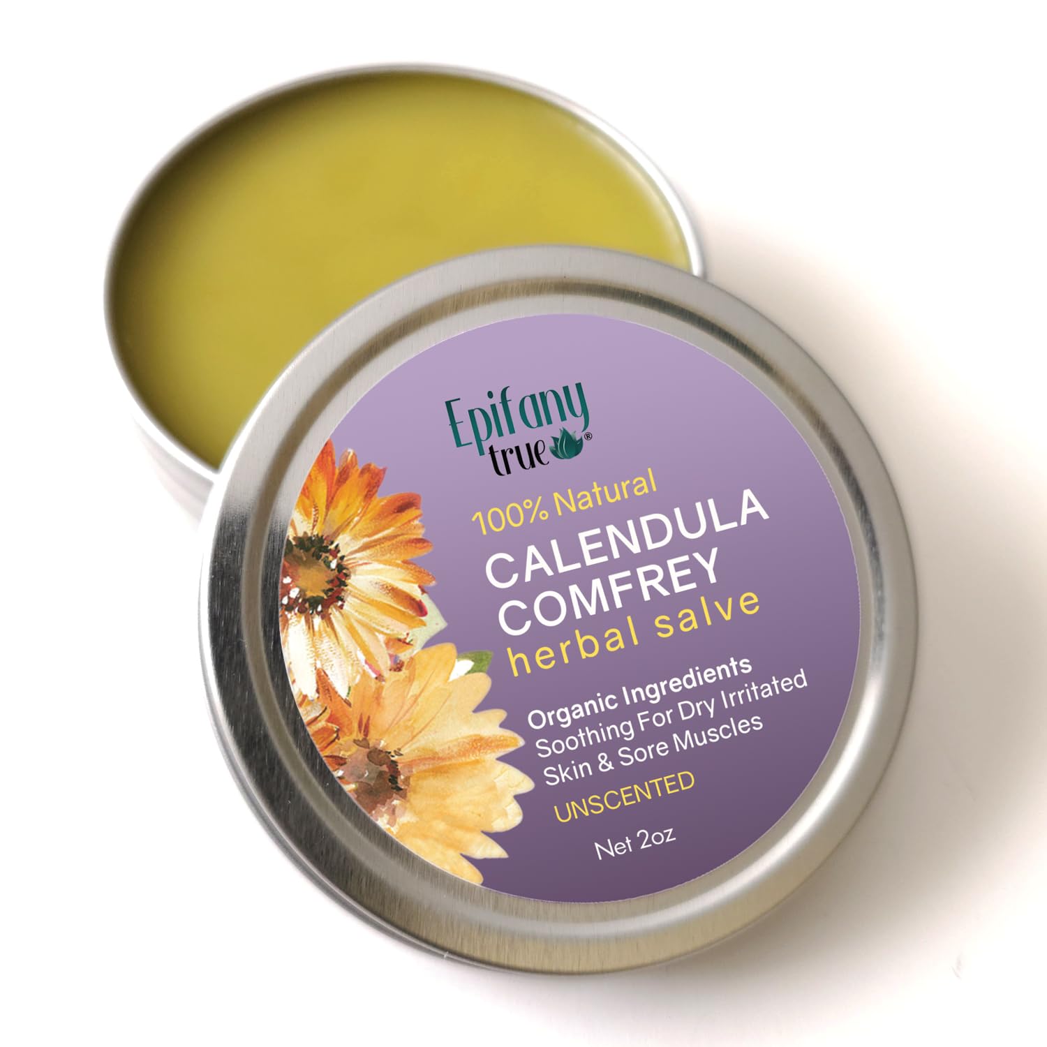 All-Purpose Calendula & Comfrey Herbal Salve 2oz, Fragrance Free, Natural Herbal Ointment, Dry Skin Soothing Balm, Itch Relief, Organic Ingredients