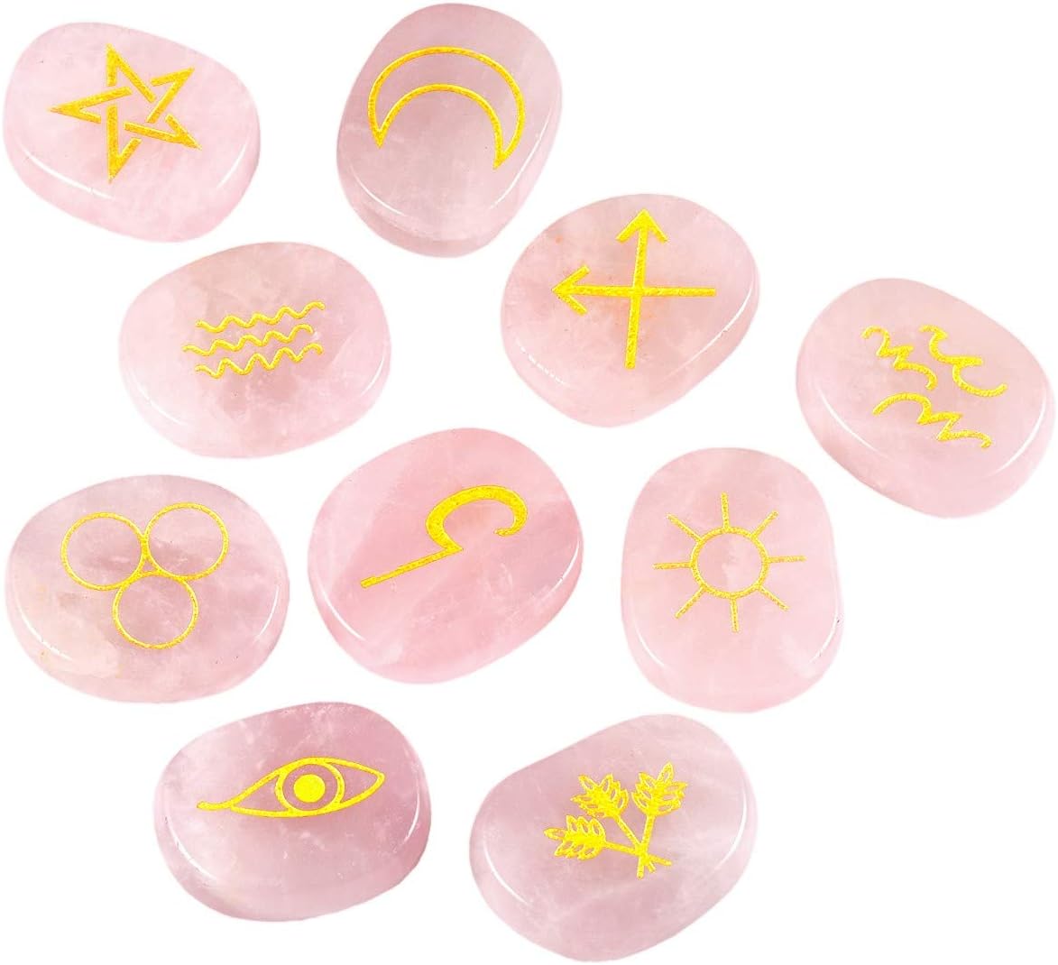 mookaitedecor Rose Quartz Witches Runes Set,Healing Crystal Palm Stone Engraved Gypsy Symbol for Meditation Divination - Image 4