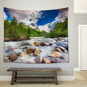 Beautiful Landscape with Mountain Stream. Georgia, Svaneti. - Fabric Wall Tapestry Home Decor - 51x60 inches