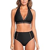 CUPSHE Women's Bikini Sets High Waisted Two Piece Swimsuit V Neck Halter Strap Bathing Suit Cutouts Back Hook