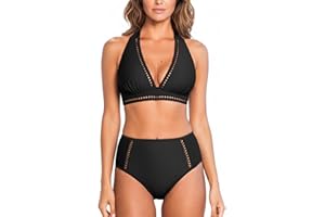 CUPSHE Women's Bikini Sets High Waisted Two Piece Swimsuit V Neck Halter Strap Bathing Suit Cutouts Back Hook
