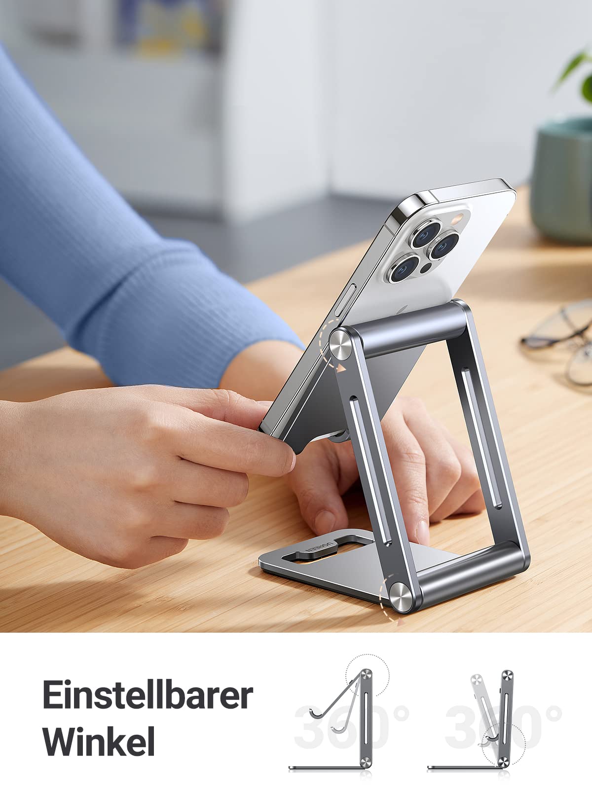UGREEN Handy Ständer Verstellbar Aluminium Handyständer für Tisch Handyhalterung Handyhalter Schreibtisch kompatibel mit iPhone 17 16 15 14 13 Pro Max, Galaxy S23 Ultra, Huawei bis 7,9 Zoll (Grau) 2