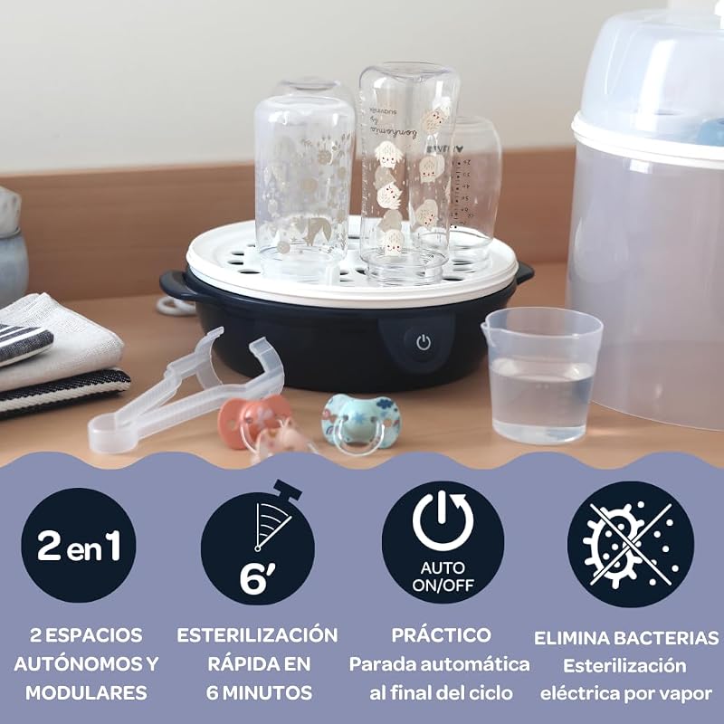 , Esterilizador de biberones 2 en 1, Evolutivo, Vapor eléctrico, 2 en 1, 2 compartimentos, hasta 8 biberones y accesorios, Ultra rápido, Temporizador, Steril'Express, Azul noche