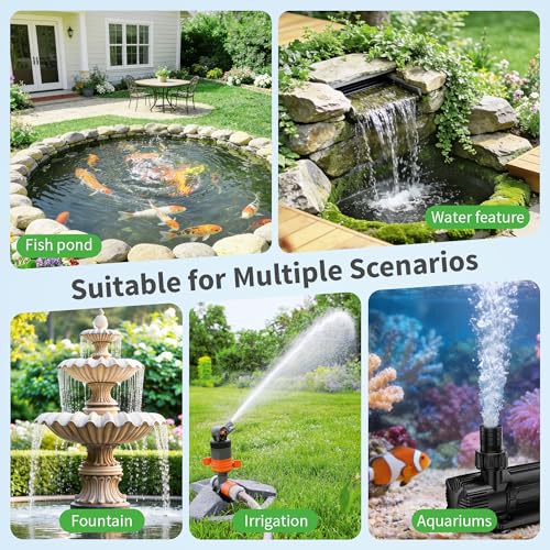 POPOSOAP 6000 L/h DC Pond Pump, Safe Low Voltage Quiet Fountain Pump with AC/DC Converter, 4 Hose Adapters for Garden Ponds, Aquariums, Fountains, Water Features