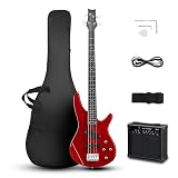 Ktaxon Electric Bass Guitar 4 String Bass Guitar with 20 Watt Amplifier, PJ Type Pickup, Naturally air-dried Maple Neck, Rosewood Fretboard, Basswood Body(Red)