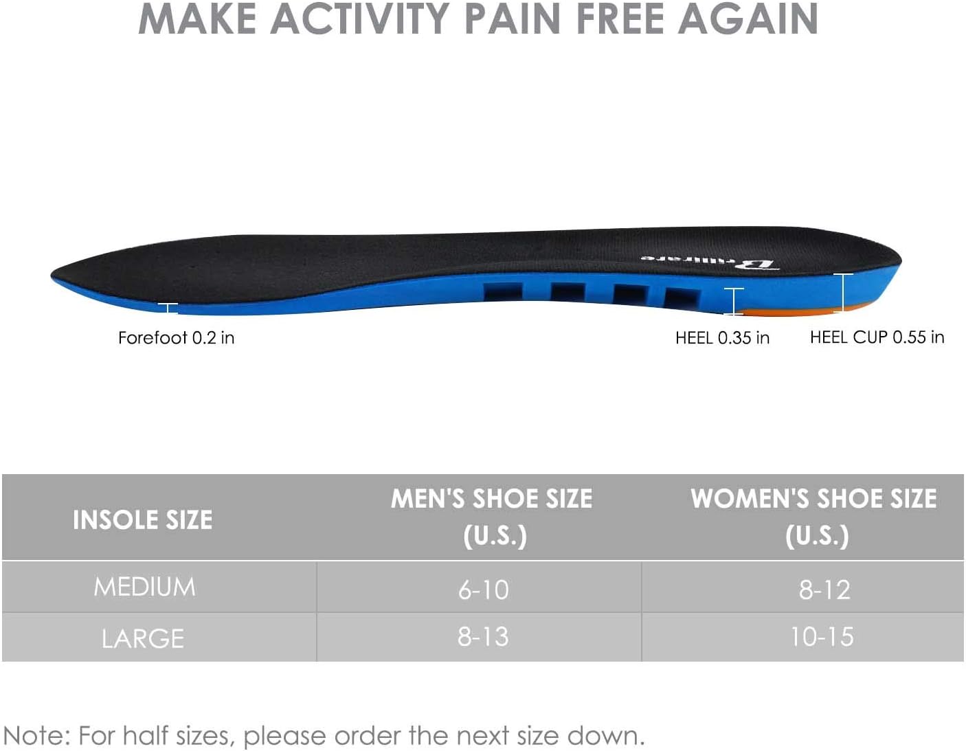 BRILLIRARE Insoles, Arch Support Orthotics, Heavy Duty Shoe Insert, Full Length Shoe Insole to Distribute Weight and Absorb Shock, Relieve Foot Pain for Running, Men's 8-13 Women's 10-15, Blue: Health & Personal Care