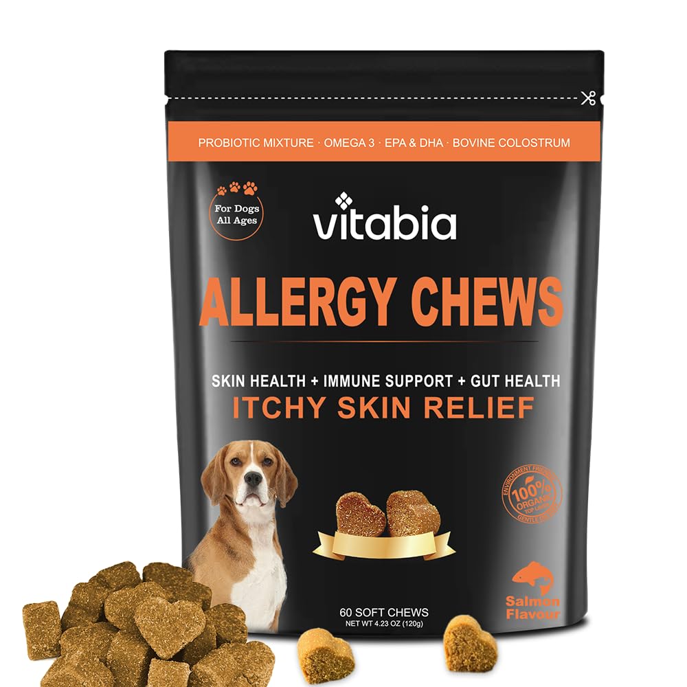 Dog Itchy Skin Relief Chews – Allergy Treatment with Omega 3, Salmon Oil, Licorice Root & Turmeric – Probiotic Anti-Itch Supplement – Natural Dog Treats for Allergies