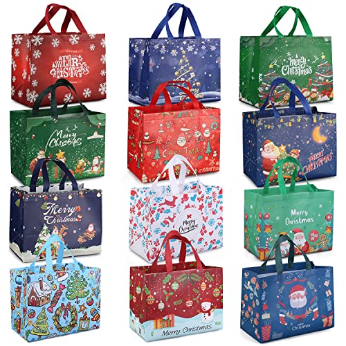 PARSUP 48PCS Christmas Gift Bags with Handles, Non-Woven Christmas Bags for Treat Gifts Wrapping Shopping, Xmas Party Supplies, 12.8 * 9.8 * 6.7inch