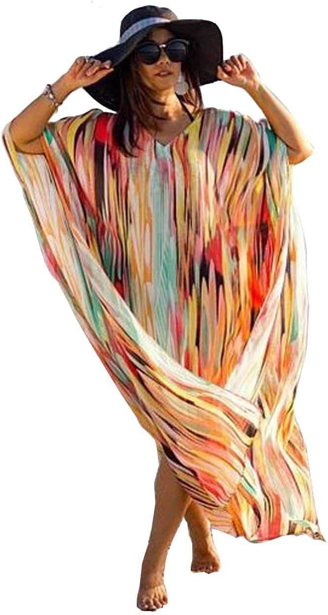 Women Long Maxi Kimono Bathwear Bikini Swimsuit Sexy Colorful Stripes Kaftan Chiffon Beach Dress Robe Gown (290) Rainbow