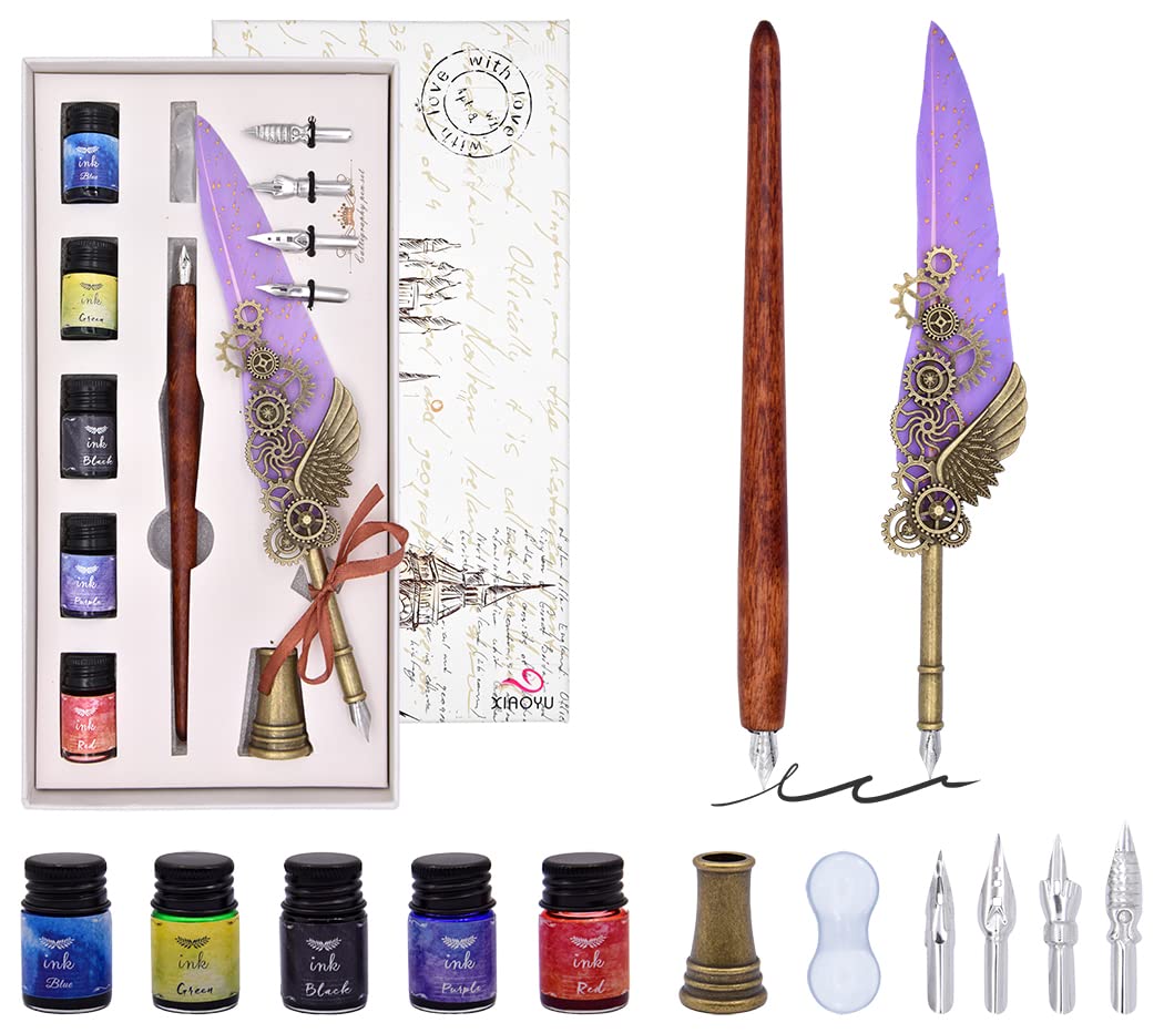 XIAOYU Mechanical Feather Quill Pen Set, Vintage Calligraphy Dip Pen Set with 4 Replacement Nibs, 5 Bottle Inks, Smooth Calligraphy Dipped Pen Ink Kit, Purple