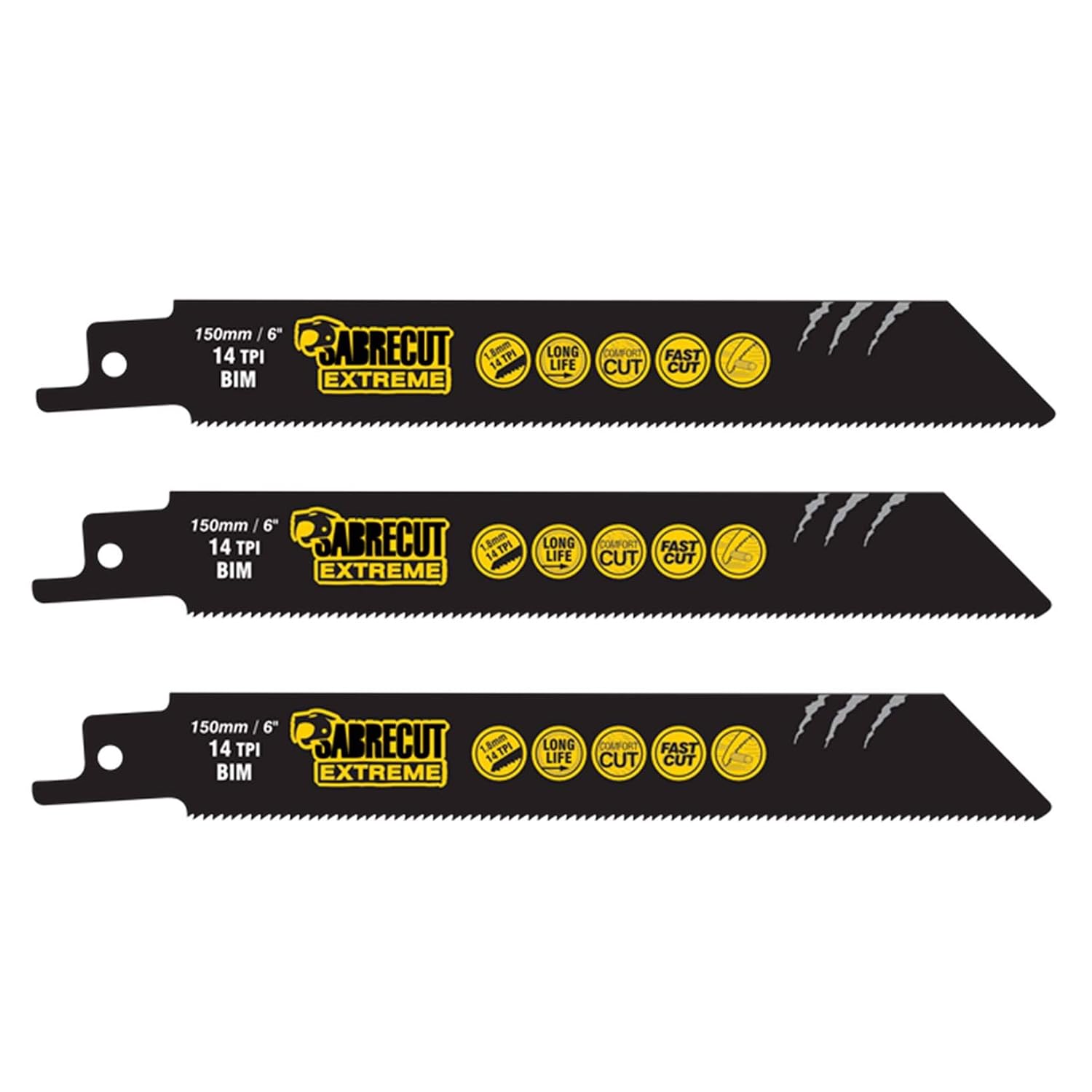 3 x SabreCut SCRS922BF_3 150mm 14 TPI S922BF Fast Wood and Metal Cutting Reciprocating Sabre Saw Blades, Black