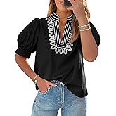 Cicy Bell Womens Puff Short Sleeve Blouses Summer Casual Dressy Embroidered V Neck Tops Loose Fit Tee Shirts
