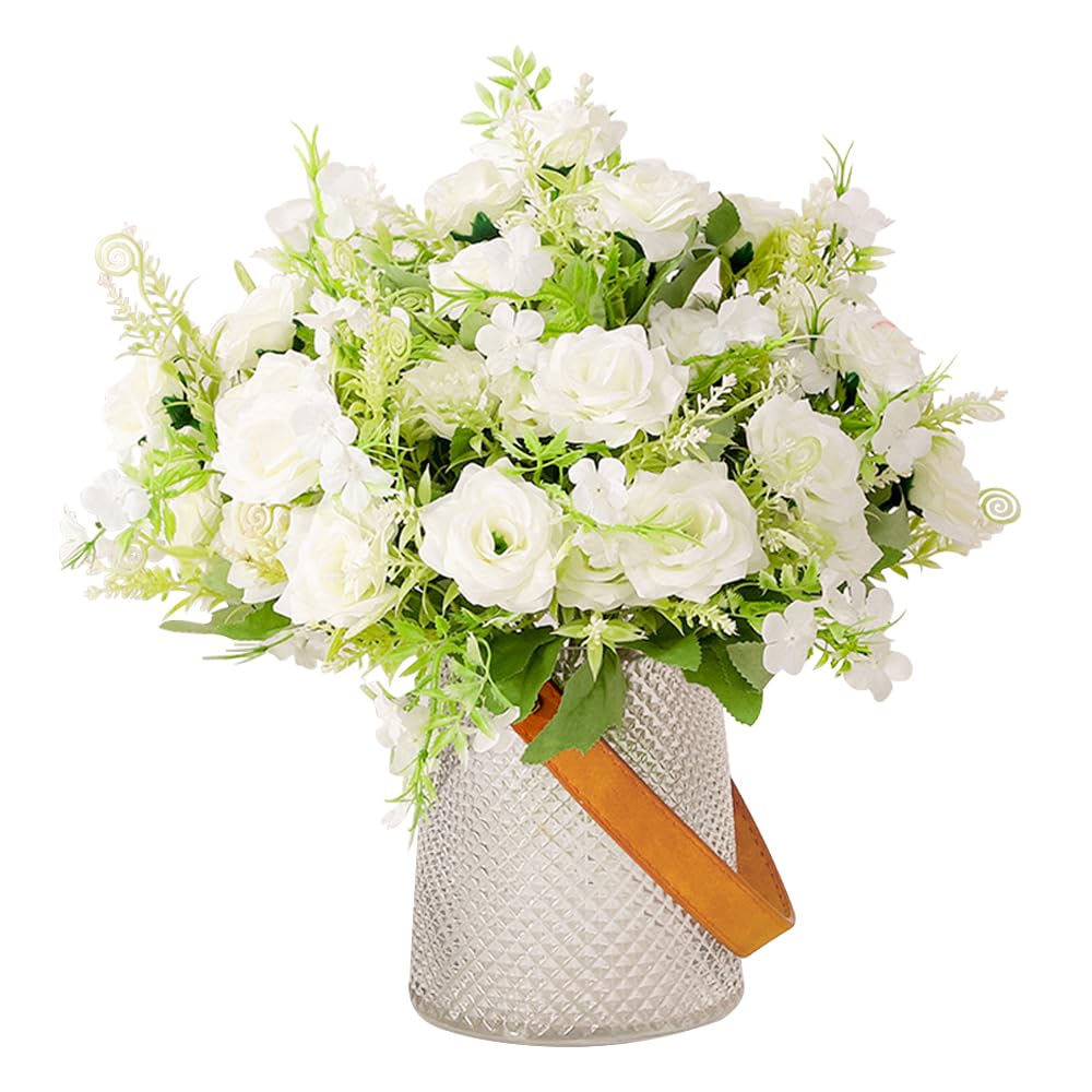 Taasmoog 3 Bundles Artificial Flowers Rose Artificial Flowers Outdoor UV Resistant Plants Faux Plastic Greenery Shrubs Indoor Outside Hanging Planter for Home Wedding Office Table (White)