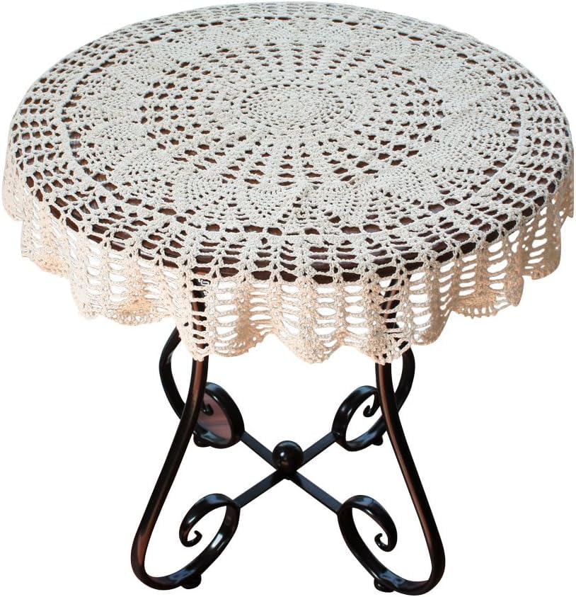 USTIDE Handmade Crochet Cotton Tablecloth Round Beige Crochet Tablecloths for Party Wedding 100cm — image 1