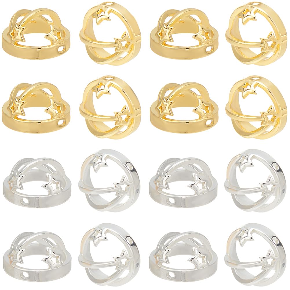 SUNNYCLUE 1 Box 24Pcs 2 Colors Circle Bead Frames Star Bead Frame Jewellery Brass Gold Hollow Round Ring Double Hole Frame Link Connectors Charms for Jewellery Making Beadings Earrings Supplies DIY