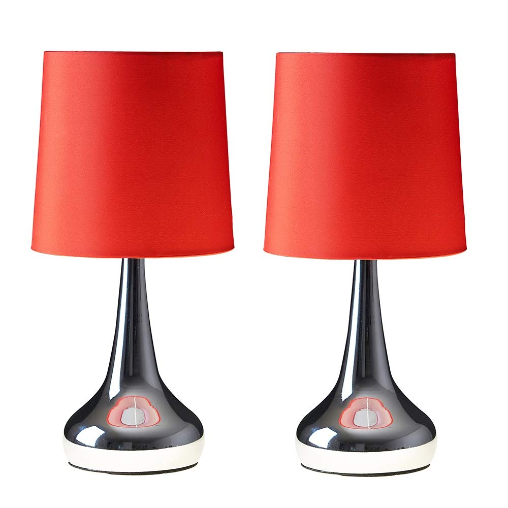 Buy Pair of Modern Chrome Teardrop Touch Table Lamps with Red Fabric