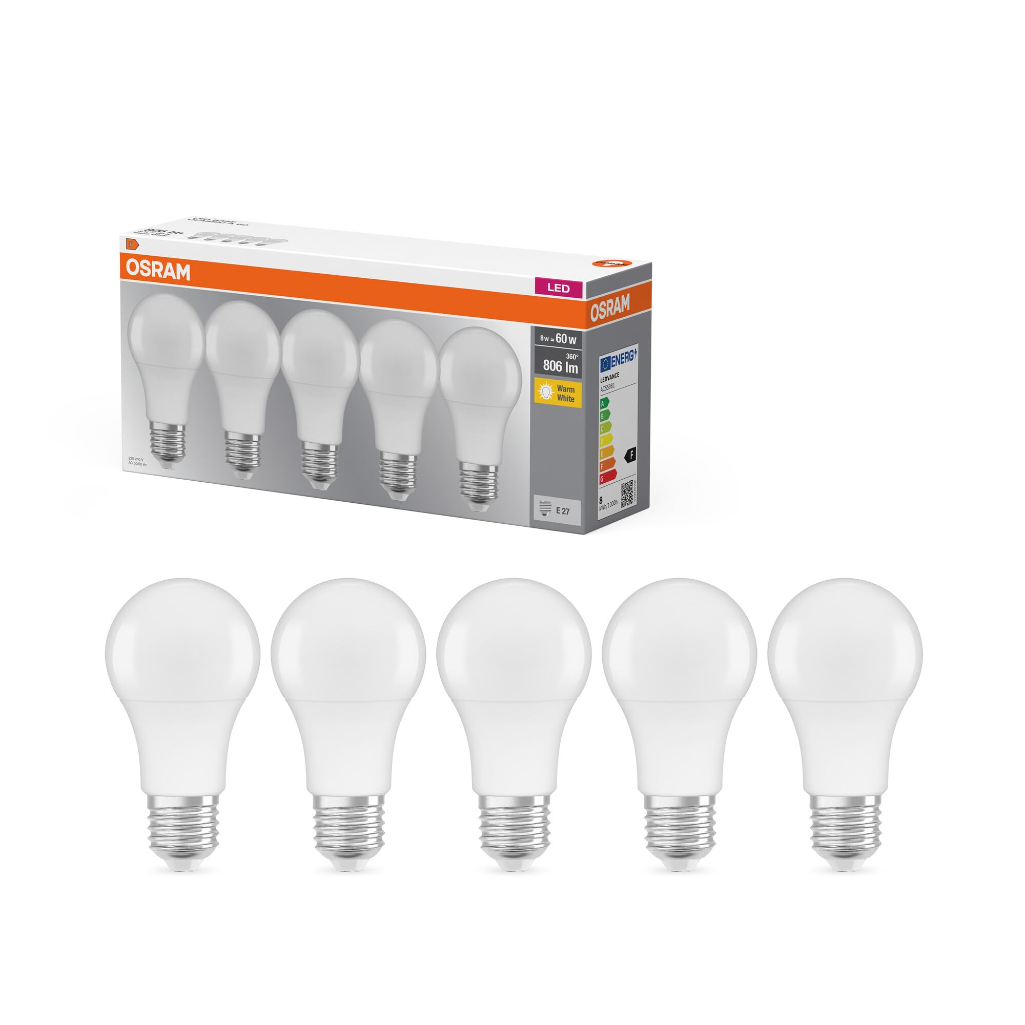 Osram LED Light Bulb | E27 | Warm White | 2700 K | 8.50 W Matte | LED Base Replacement for 60 W Incandescent Bulb Classic A