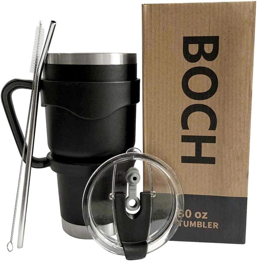 BOCH 30 oz Tumbler Stainless Steel Insulated Cup with Lid, Straw, Cleaning Brush Premium Insulated Thermos with Handle Camping & Travel & Tailgate (Environmentally Friendly)