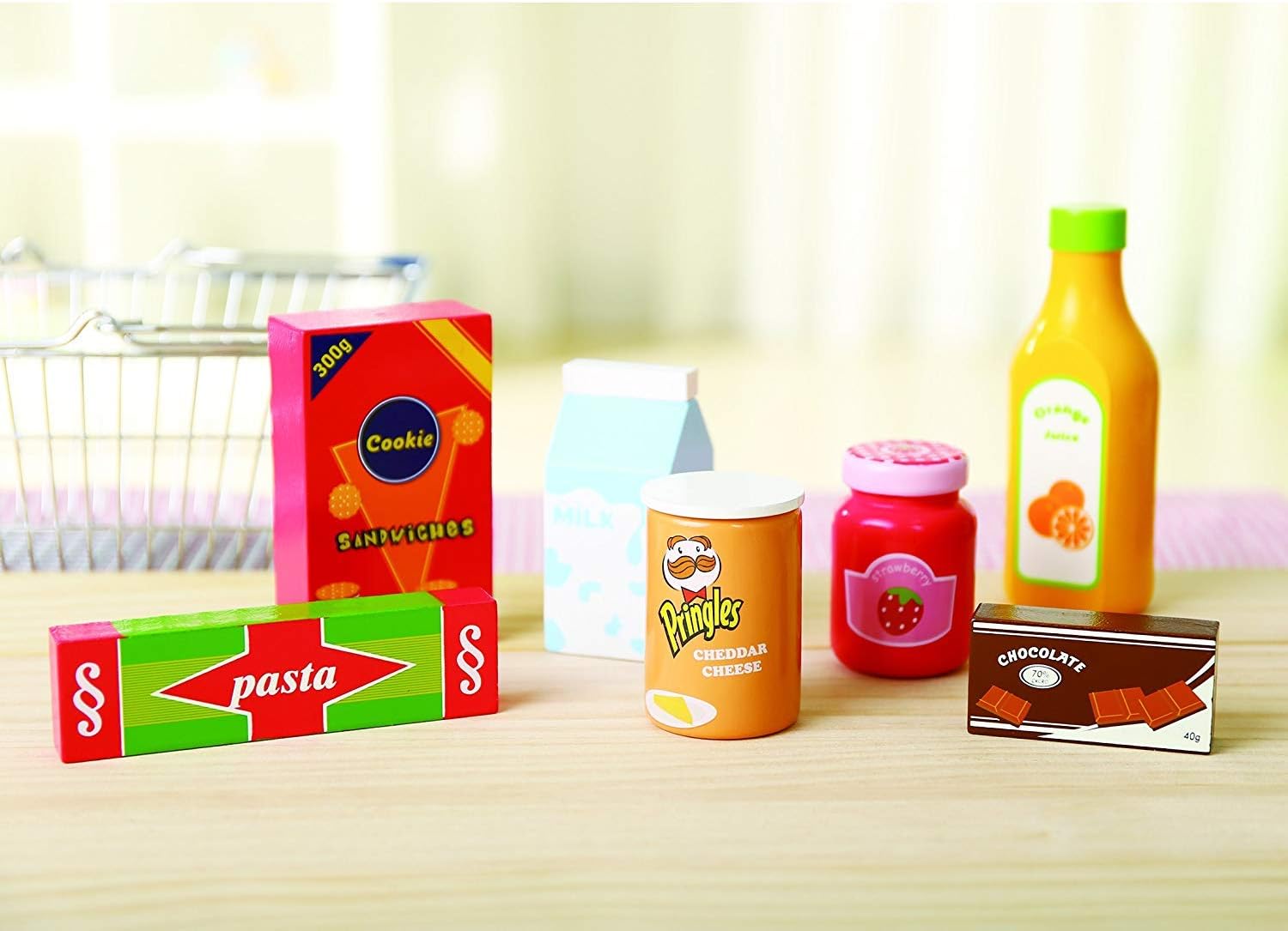 Milly & Ted Metal Shopping Basket & Wooden Play Food Set Childrens