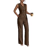 SOLY HUX Women's 2 Piece Outfits V Neck Button Down Vest Tops and High Waisted Pants Set Office Work Suit