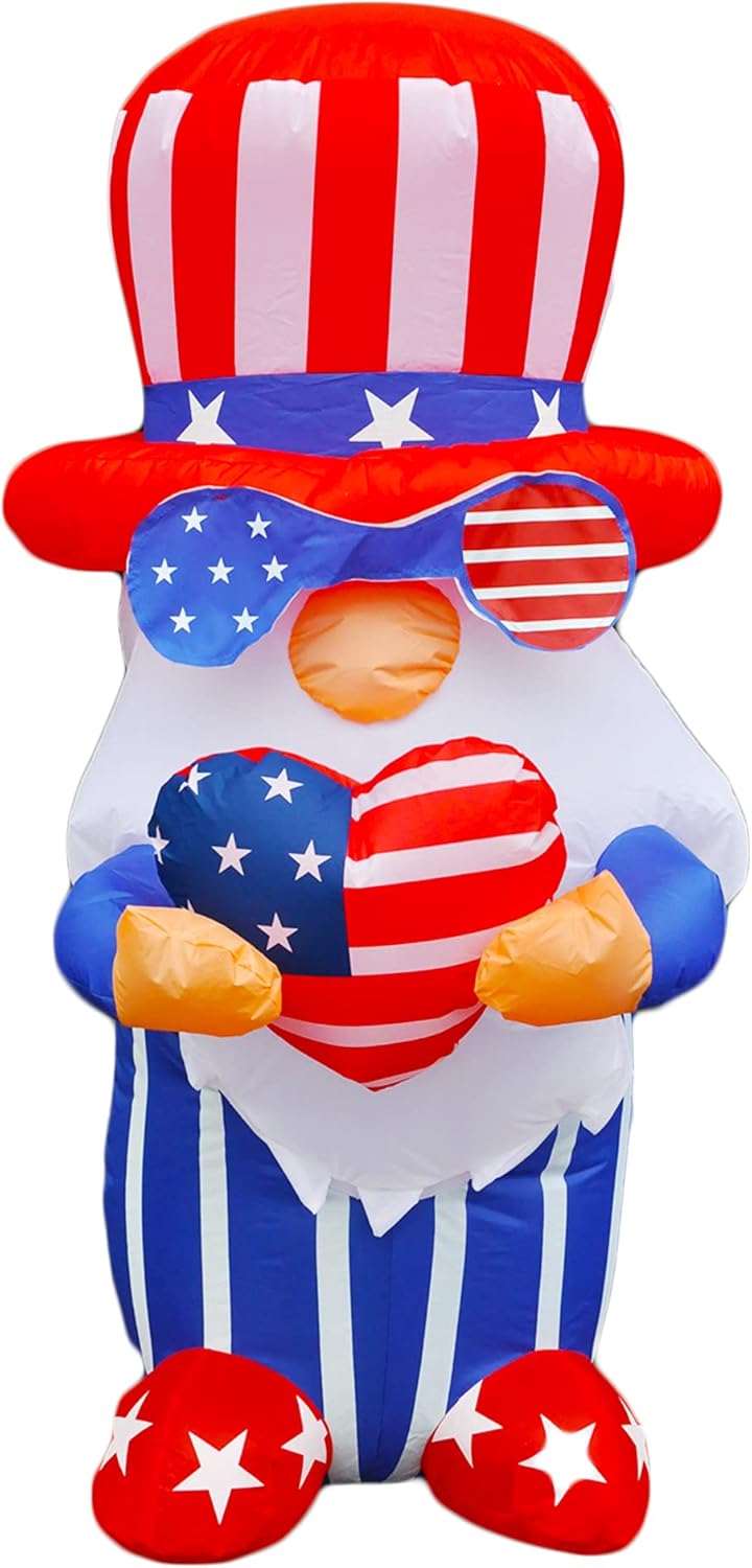 BLOWOUT FUN 4ft Inflatable 4th of July Independent Gnome Holding America Heart LED Decoration Blow Up Lighted Decor Indoor Outdoor Holiday Art Decor Decorations: Garden & Outdoor