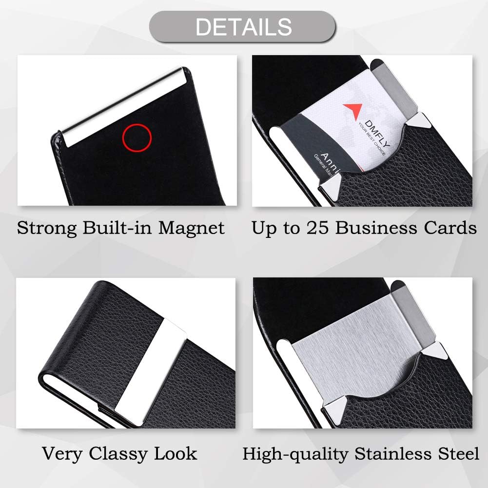DMFLY Business Card Holder Case - PU Leather Business Card Case Name Card Holder Slim Metal Pocket Card Holder with Magnetic Shut, Black : Office Products