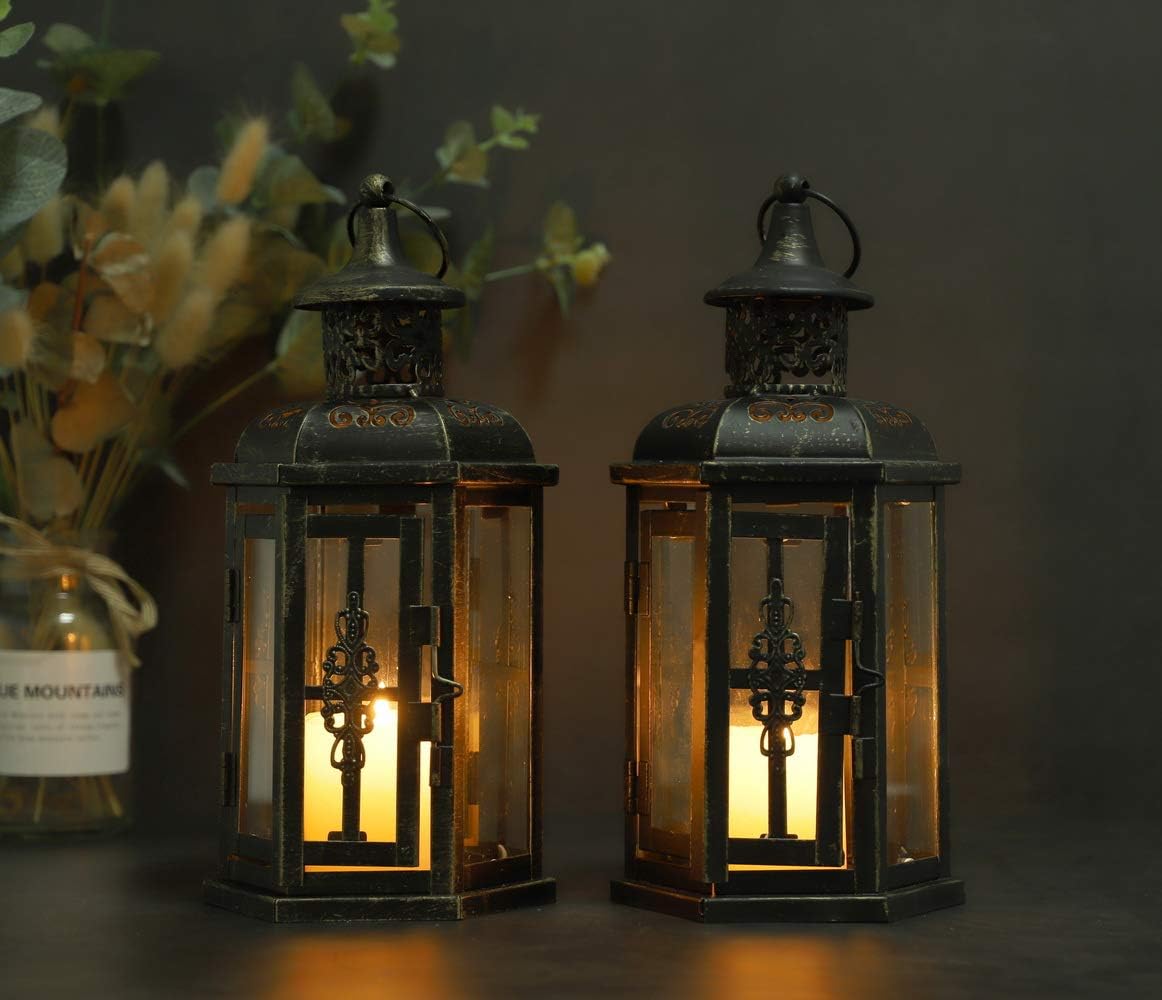 JHY DESIGN Set of 2 Decorative Lanterns -10 inch High Vintage Style Hanging Lantern Metal Candleholder Black with Gold Brush: Home & Kitchen