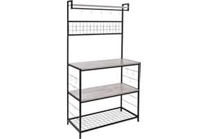 HOMEKOKO Kitchen Bakers Rack with 16 Movable Hooks, 3-Tier Microwave Oven Stand with Storage for Cooking Utensils, Industrial Style Kitchen Storage Shelves for Plates, Pans and Pots (Greige)