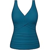 Firpearl Women's Underwire Tankini Top Only V Neck Modest Swimsuits Ruched Tummy Control Bathing Suit Tops